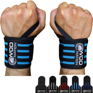 WOD Nation Wrist Wraps Weightlifting - Weight Lifting Wrist Wraps for Men & Women (12" or 18") (12 Inch - Black/Lt Blue)
