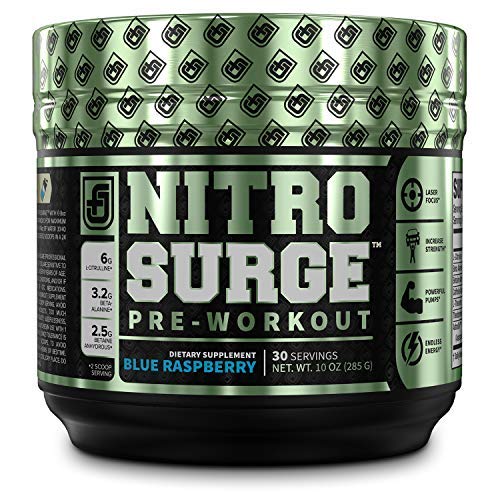 NITROSURGE Pre Workout Supplement - Endless Energy, Instant Strength Gains, Clear Focus, Intense Pumps - Nitric Oxide Booster & Powerful Preworkout Energy Powder - 30 Servings, Blue Raspberry