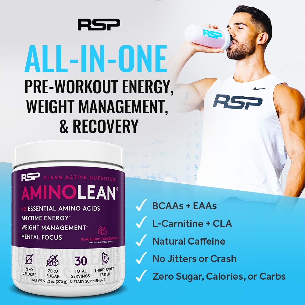 RSP AminoLean - All-in-One Pre Workout, Amino Energy, Weight Management Supplement with Amino Acids, Complete Preworkout Energy for Men & Women, Blackberry Pom, 30 (Packaging May Vary)