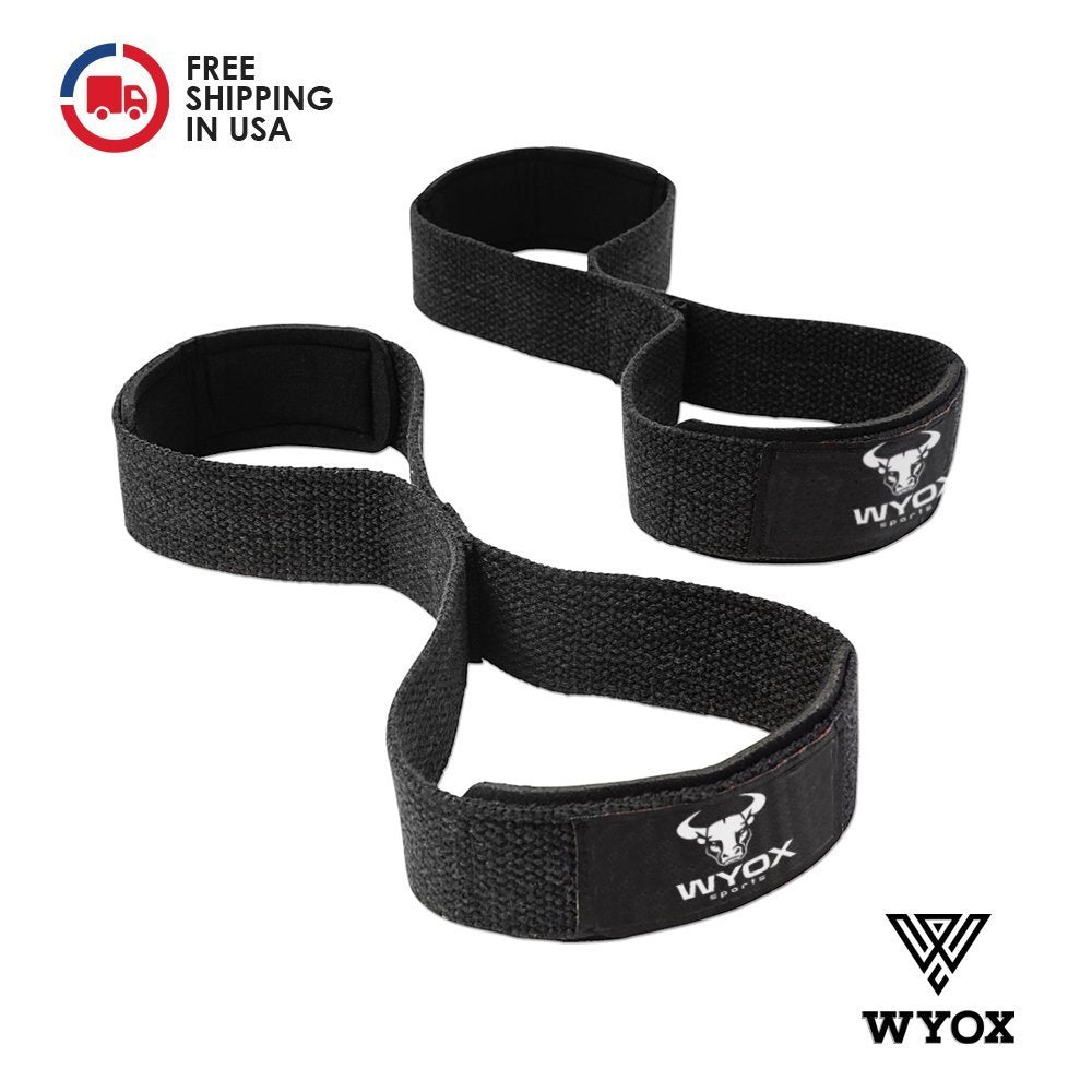 Wyox Figure 8 Weight Lifting Straps Gym Fitness Cross fit Bodybuilding Neoprene Wrist Support (Black) (Black)