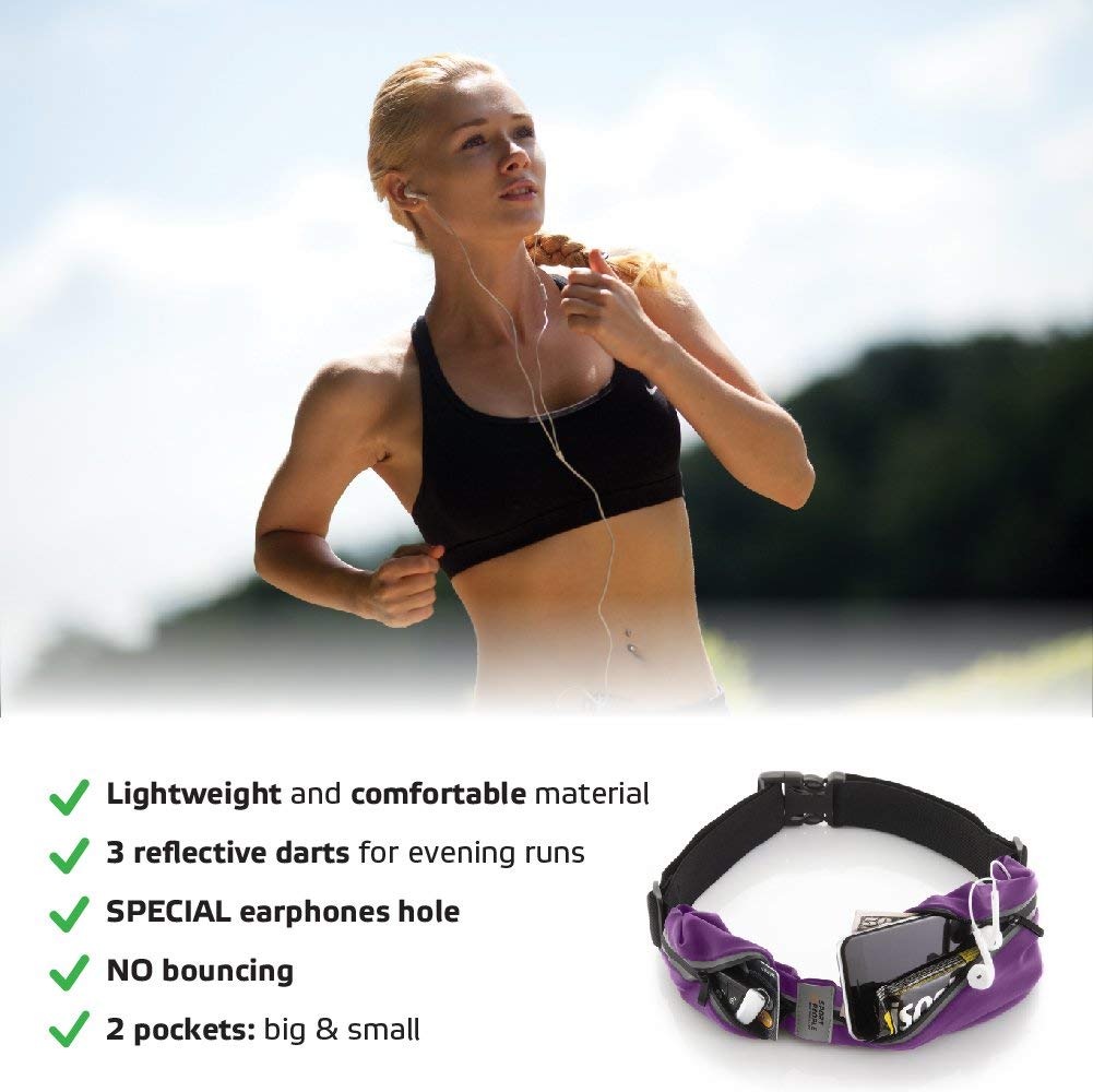 Running Belt USA Patented. Fanny Pack for Hands-Free Workout. iPhone X 6 7 8 Plus Buddy Pouch for Runners. Freerunning Reflective Waist Pack Phone Holder. Men Women Kids Gear Accessories (Purple)