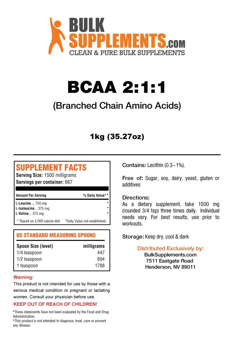 BCAA Branched Chain Essential Amino Acids Powder by BulkSupplements | 2:1:1 Instantized Formula | Pre/Post Workout Bodybuilding Supplement | Boost Muscle Growth (1 Kilogram)