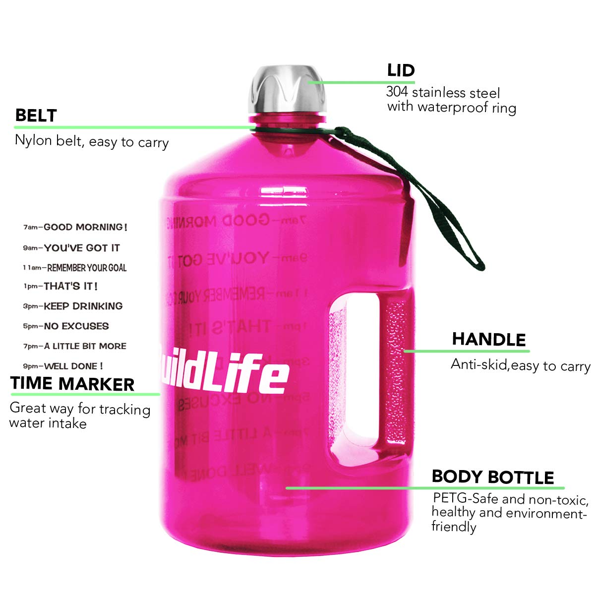 BuildLife 1 Gallon Water Bottle Motivational Fitness Workout with Time Marker/Drink More Daily/Clear BPA Free/Large 128OZ Capacity Throughout The Day(Pink, 1 Gallon)