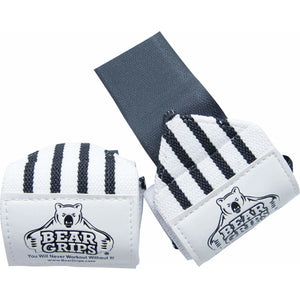 Bear Grips: Gray Series, White Series Wrist-Wraps, Extra-Strength Wrist Support, Wrist Brace for Workouts, wods (White with Black Stripes, 18", Sold in Pairs, Two Wrist Straps per Pack)