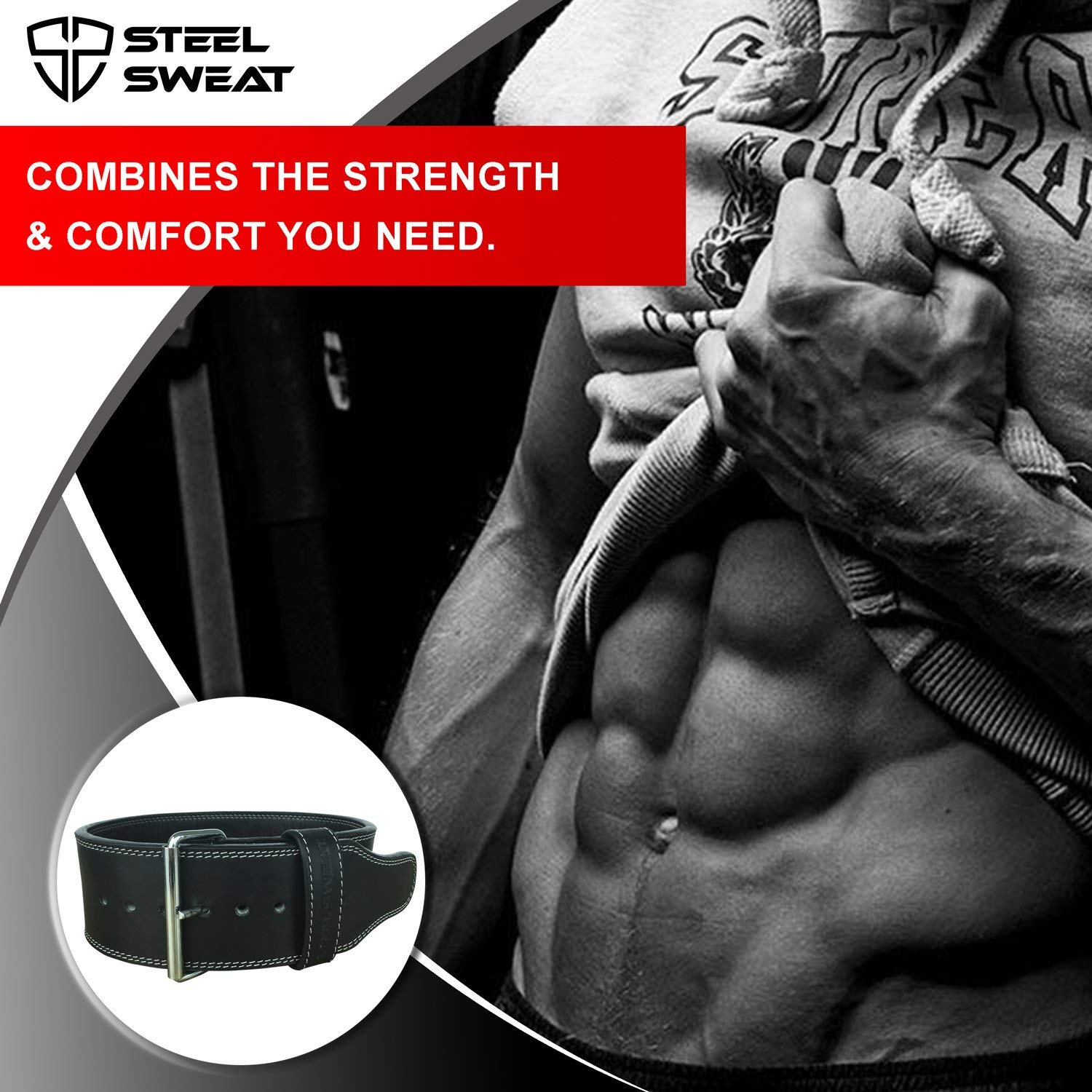 Steel Sweat Powerlifting Belt for Weight Lifting - 4" Wide by 10mm Thick - Single Prong Heavy Duty Adjustable Weightlifting Belt, High Grade Leather - Bolt Black XXL