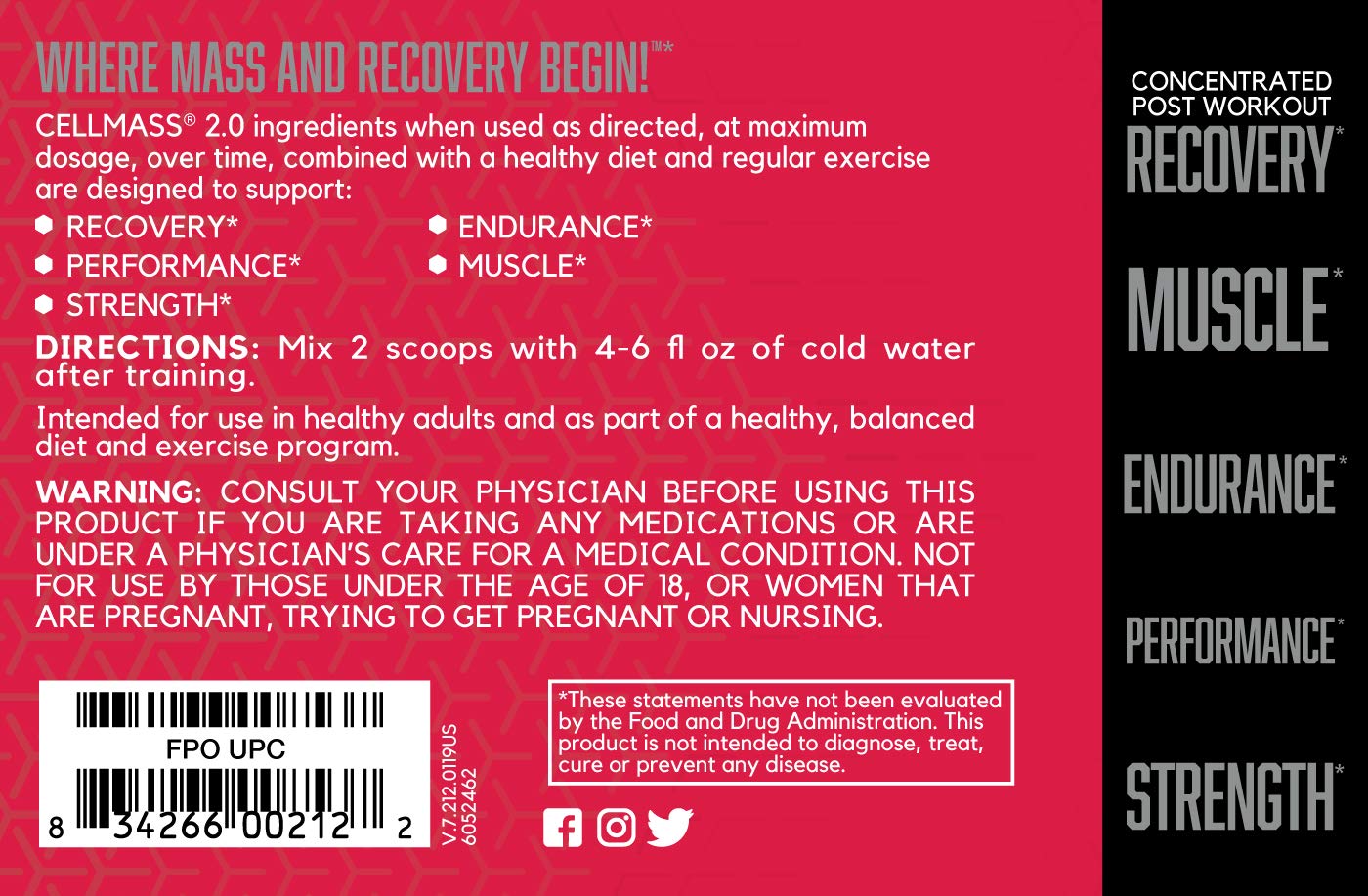 BSN CELLMASS 2.0 Post Workout Recovery with BCAA, Creatine, & Glutamine - Keto Friendly - Arctic Berry, (50 Servings)