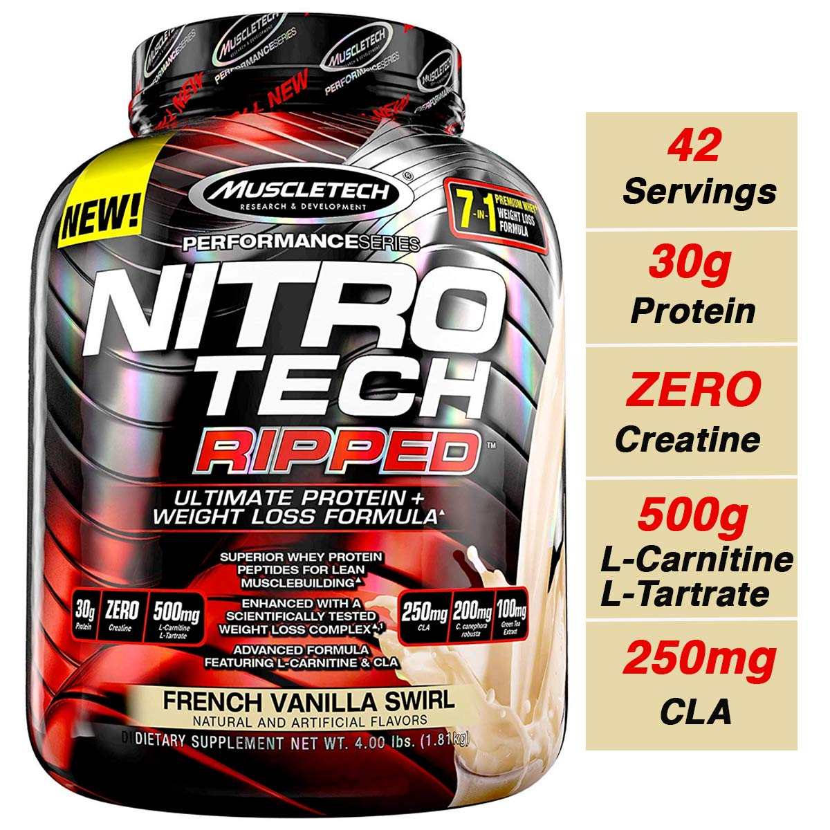 MuscleTech Nitro Tech Ripped Ultra Clean Whey Protein Isolate Powder + Weight Loss Formula, Low Sugar, Low Carb, French Vanilla Swirl, 4 Pounds
