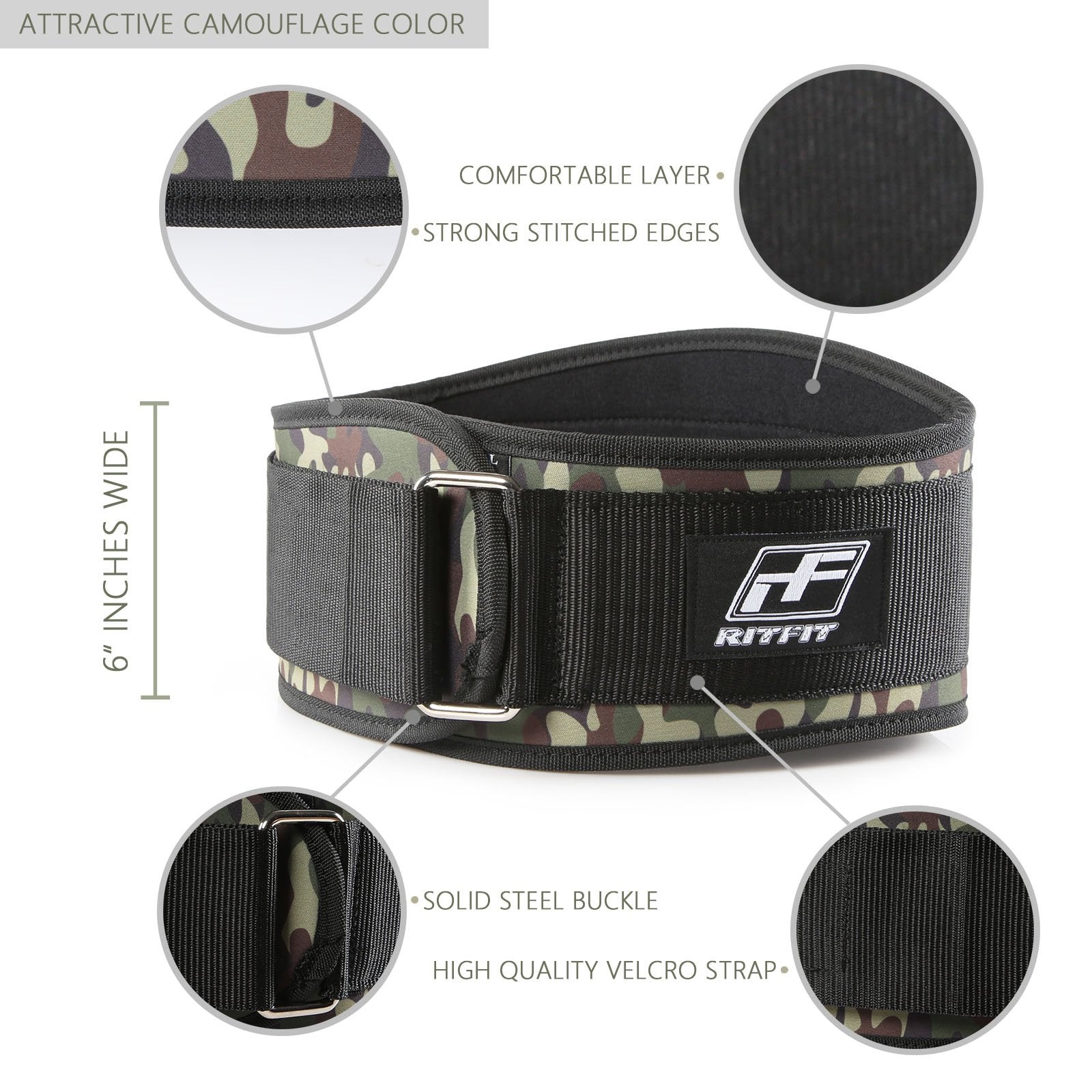 RitFit Weight Lifting Belt - Great for Squats, Crossfit, Lunges, Deadlift, Thrusters - Men and Women - 6 Inch Black (Camouflage, M(30-36''))