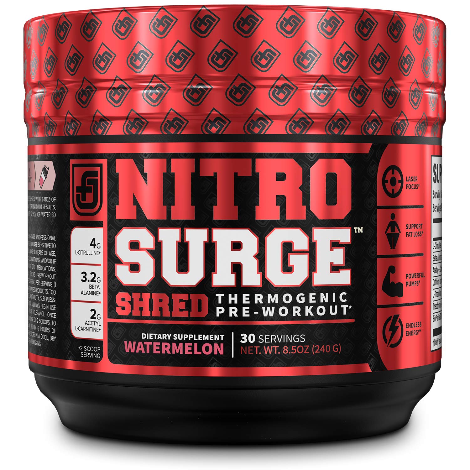 NITROSURGE Shred Pre Workout Supplement - Limitless Energy, Instant Strength Gains, Sharp Focus, Powerful Pumps - Nitric Oxide Booster & PreWorkout Powder - 30Sv, Watermelon