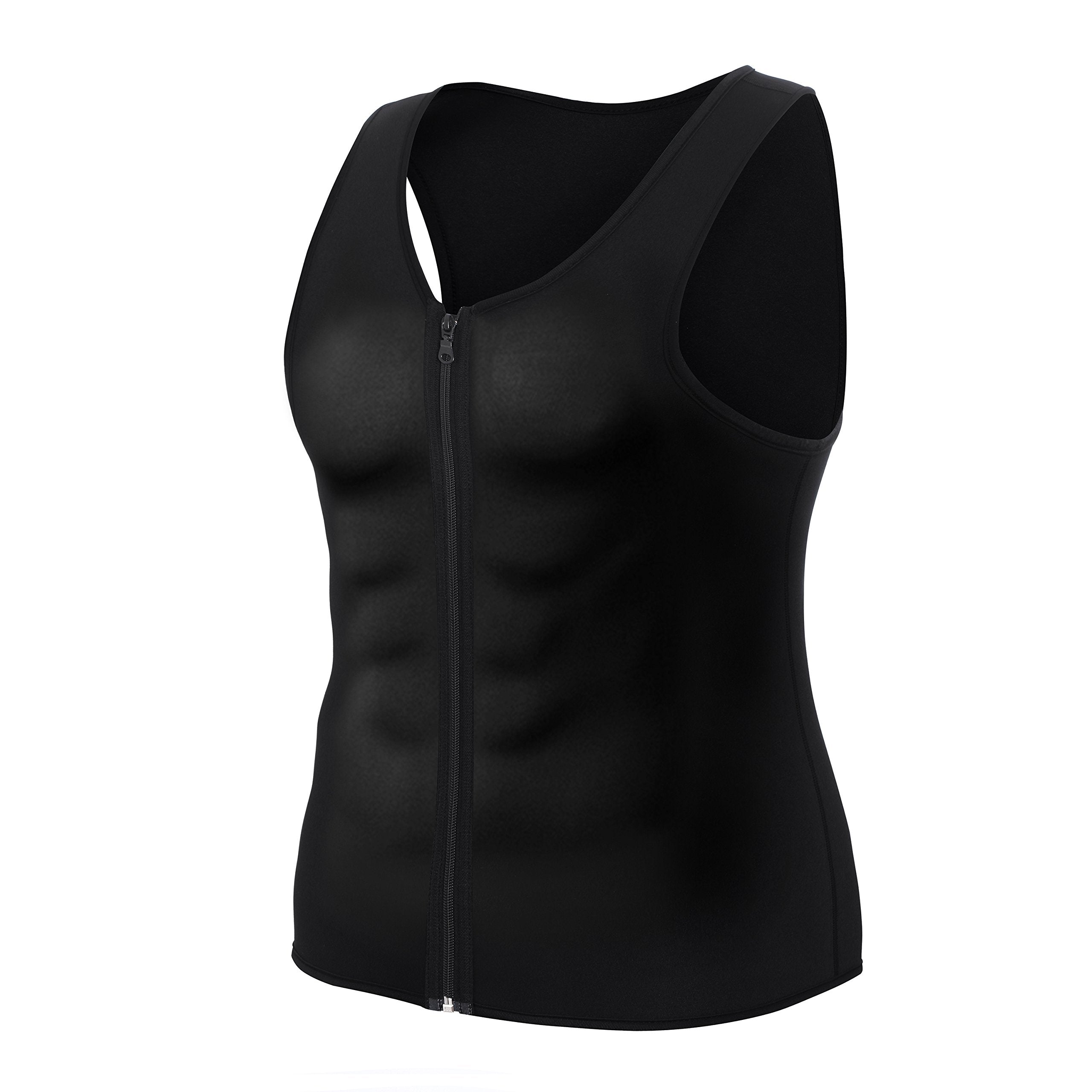 Men Waist Trainer Vest for Weightloss Hot Neoprene Corset Body Shaper Zipper Sauna Tank Top Workout Shirt (L, Black Neoprene Slimming Vest)
