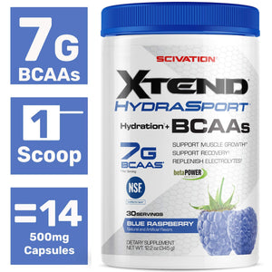 Scivation Xtend Hydrasport Bcaa Powder, Blue Raspberry, 30 Servings, Keto Friendly, Branched Chain Amino Acids, Bcaas, Zero Sugar Electrolyte Drink Powder + Hydration