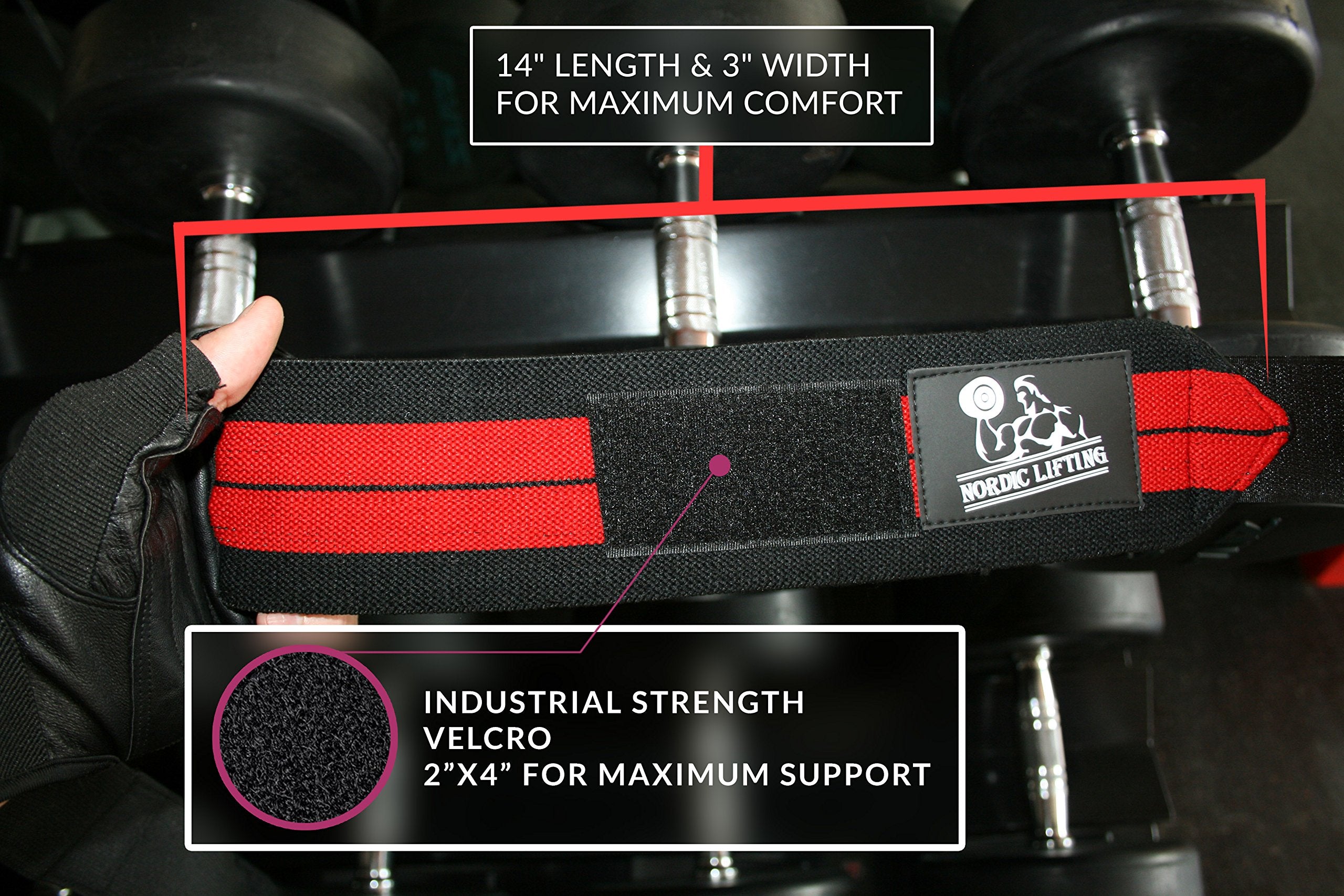 Nordic Lifting Wrist Wraps (1 Pair/2 Wraps) 14" for Weightlifting | Cross Training | Powerlifting - for Women & Men - Hand Strength & Support During Weight Lifting (Red) - 1 Year Warranty